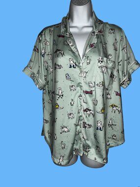 Sz.L*Kate Spade*Mint Green, Short Sleeve, Button-Front PJ Top--Dogs-Print